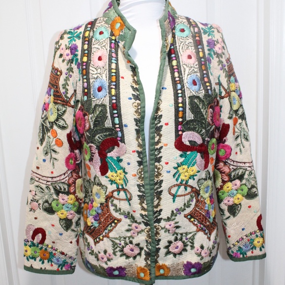 Hand Made Embroidered Stitched Vintage Folk 1950’s Brocade Jacket Open Front